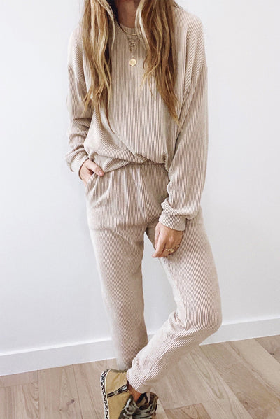 Cali Chic Apricot Pocketed Drop Shoulder Corded Sweat Suit