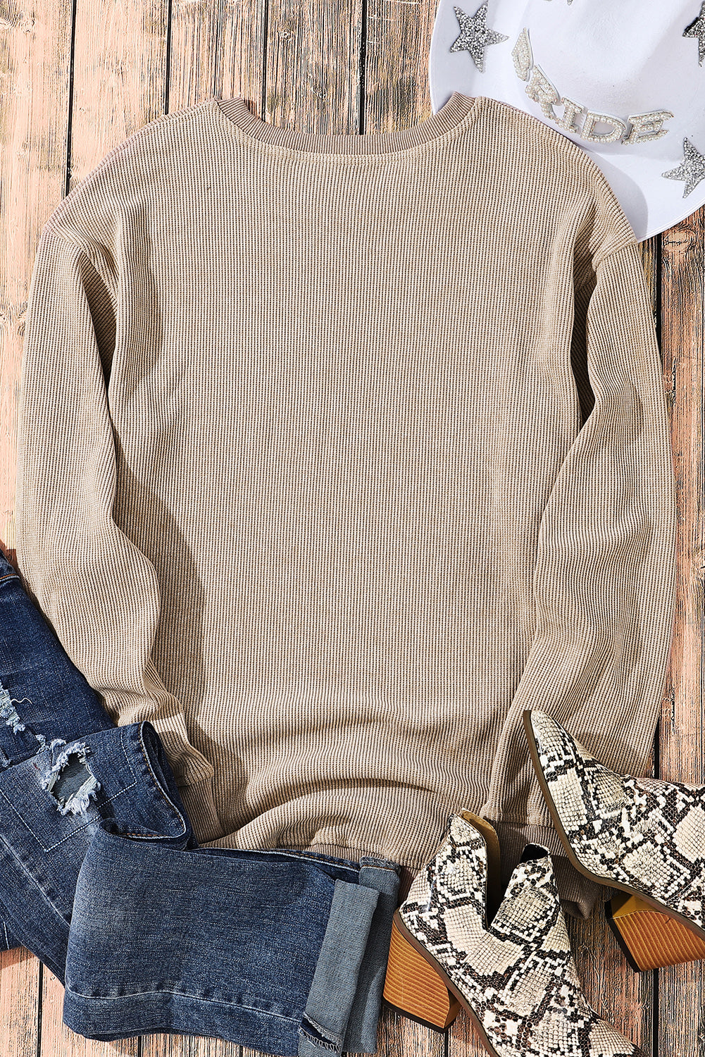 Cali Chic Women Sweatshirt Khaki Solid Ribbed Knit Round Neck Pullover