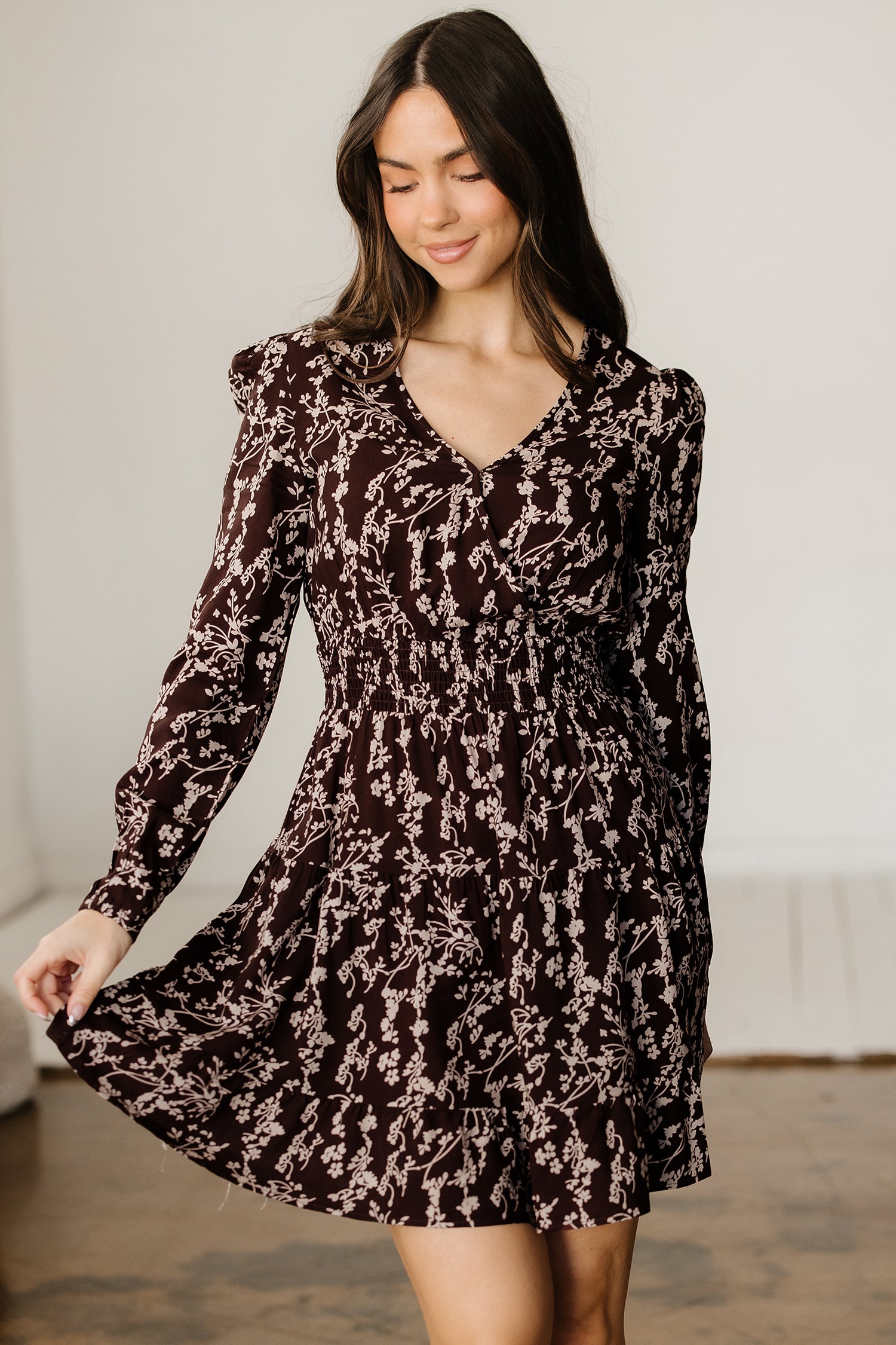 Cali Chic Women Dress Brown Ditsy Floral Print Split Neck Long Sleeve Shirred Waist Flared Mini Dress - Cali Chic