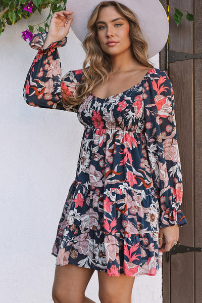 Blue Floral Tiered Long Puff Sleeve Mini Dress