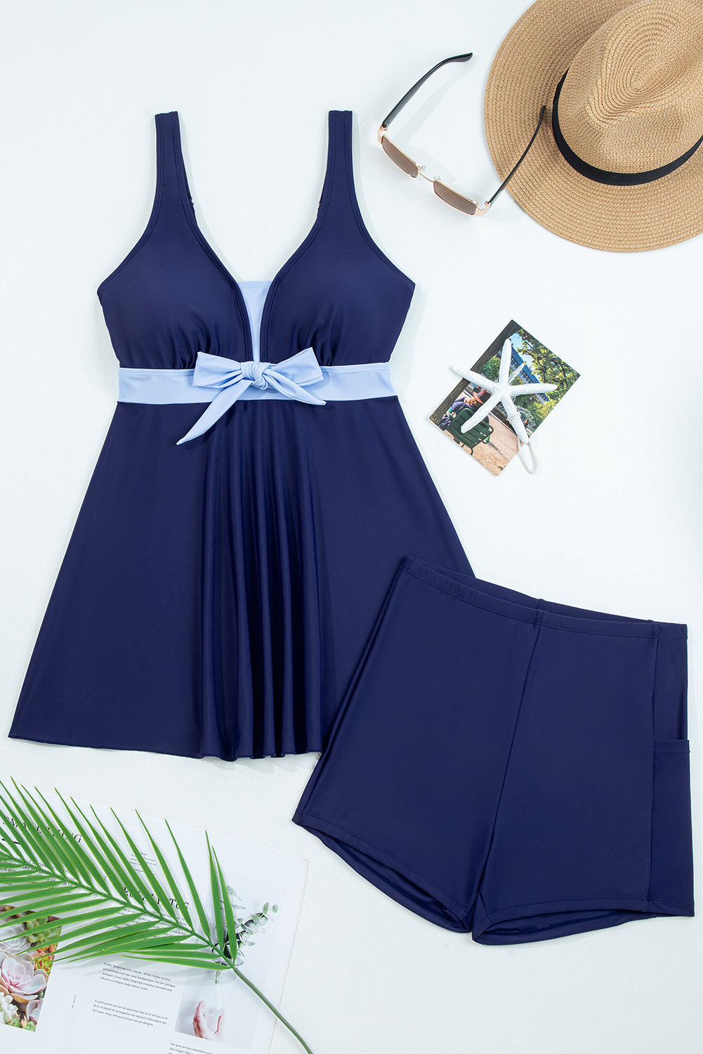Cali Chic Women Swimsuit Navy Blue Color Block Patchwork Bow Knot Detail Sleeveless Swim Dress