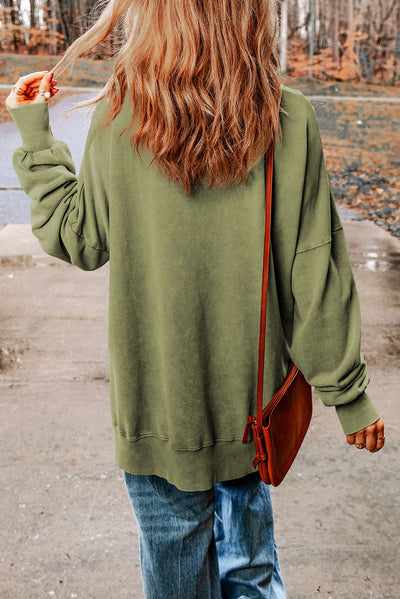 Cali Chic Women Green Drop Shoulder Ribbed Trim Oversized Sweatshirt