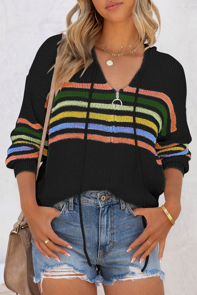 Cali Chic Black Striped Detail Zip Up Hooded Sweater Cardigan
