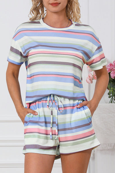White Striped Print Tee and Shorts Lounge Set
