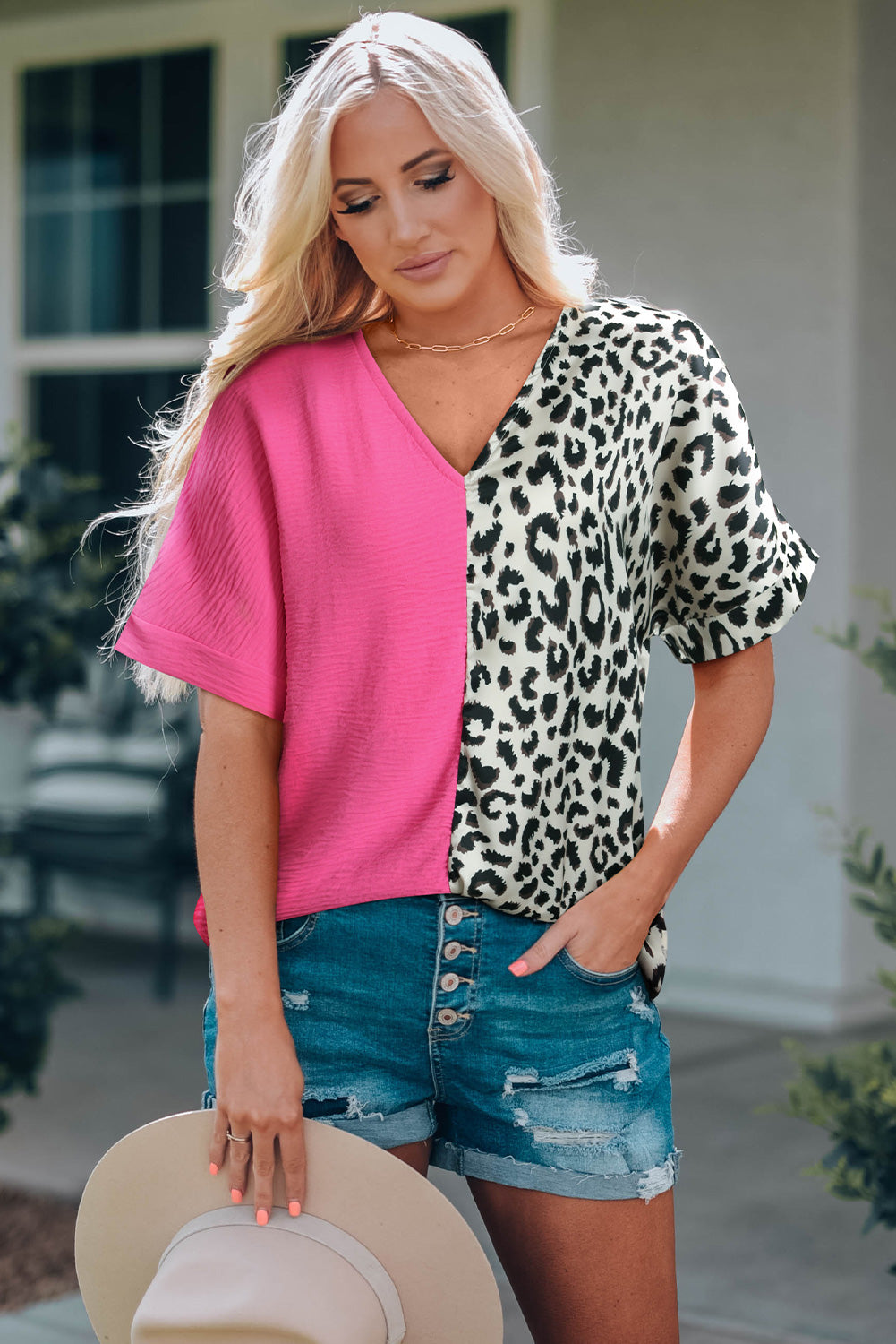 Rose Contrast Leopard Color Block Blouse