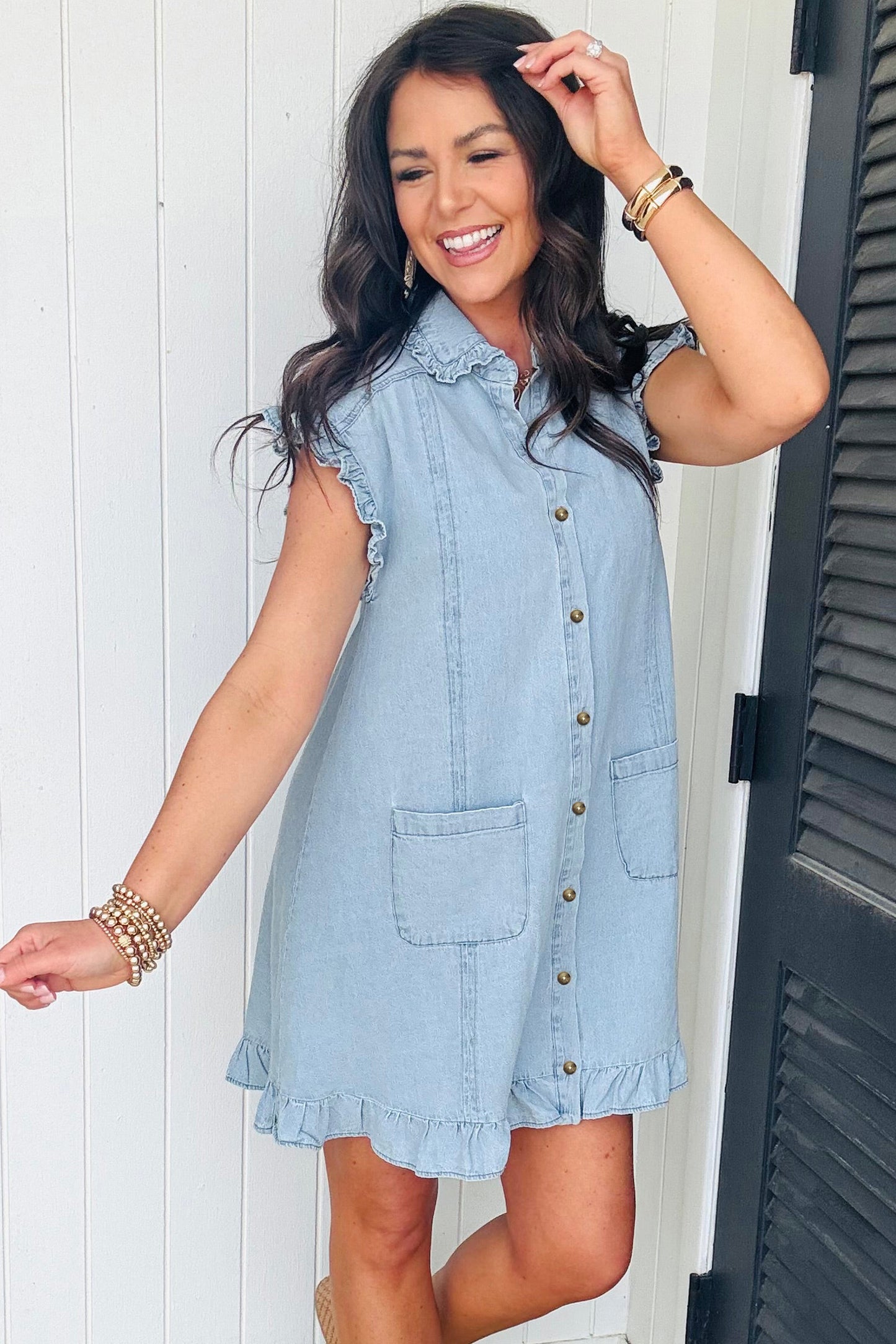 Cali Chic Women Dress Beau Blue Ruffled Edge Collared Shift Denim Dress with Pockets - Cali Chic