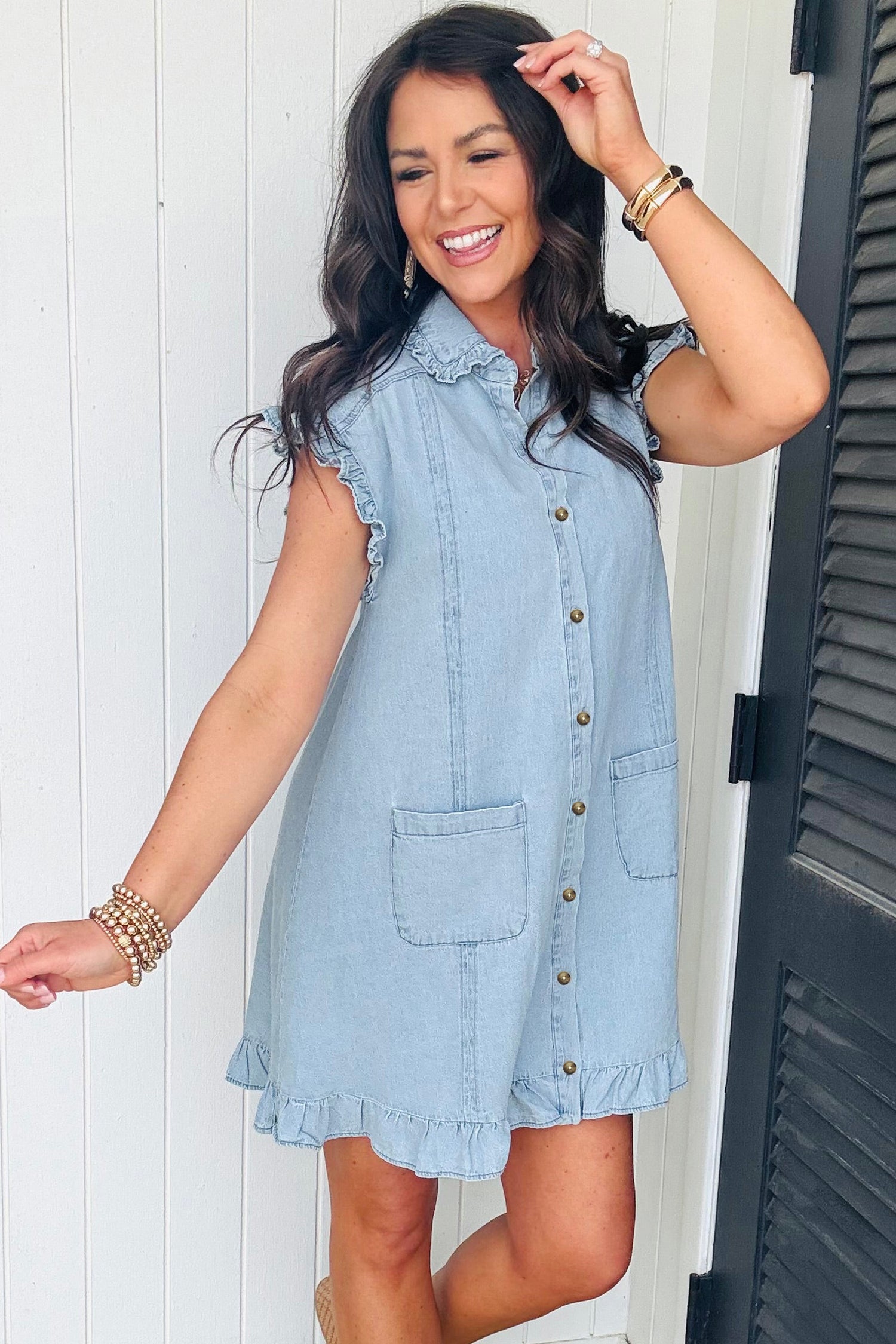 Cali Chic Women Dress Beau Blue Ruffled Edge Collared Shift Denim Dress with Pockets - Cali Chic