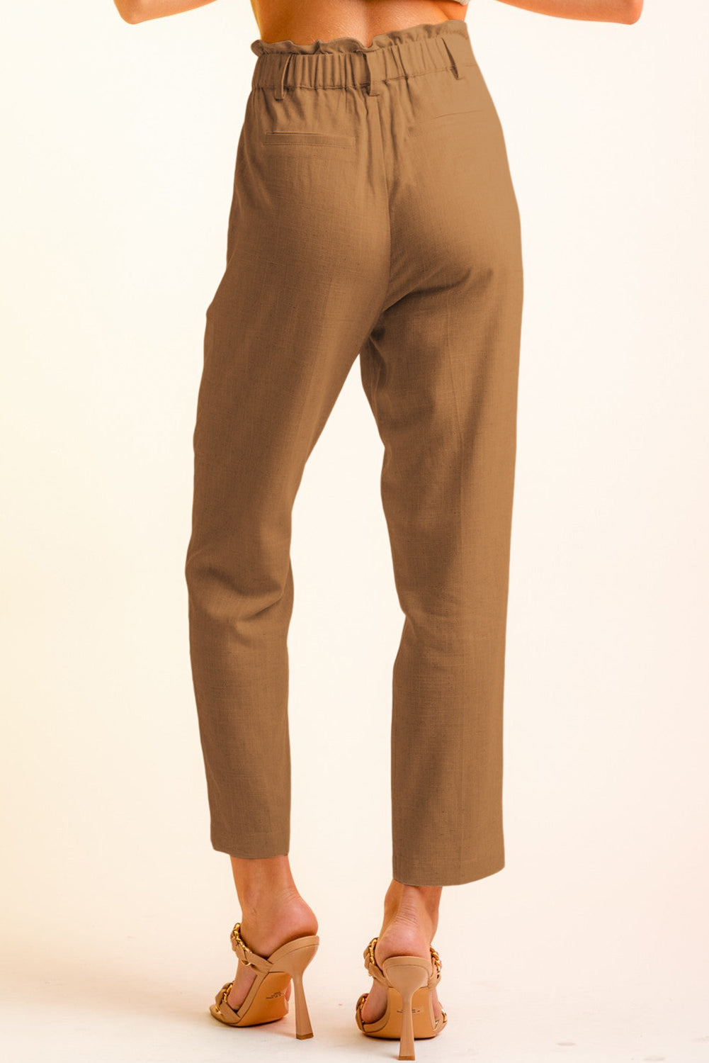 Brown Button Flap Pocket High Waisted Linen Pants