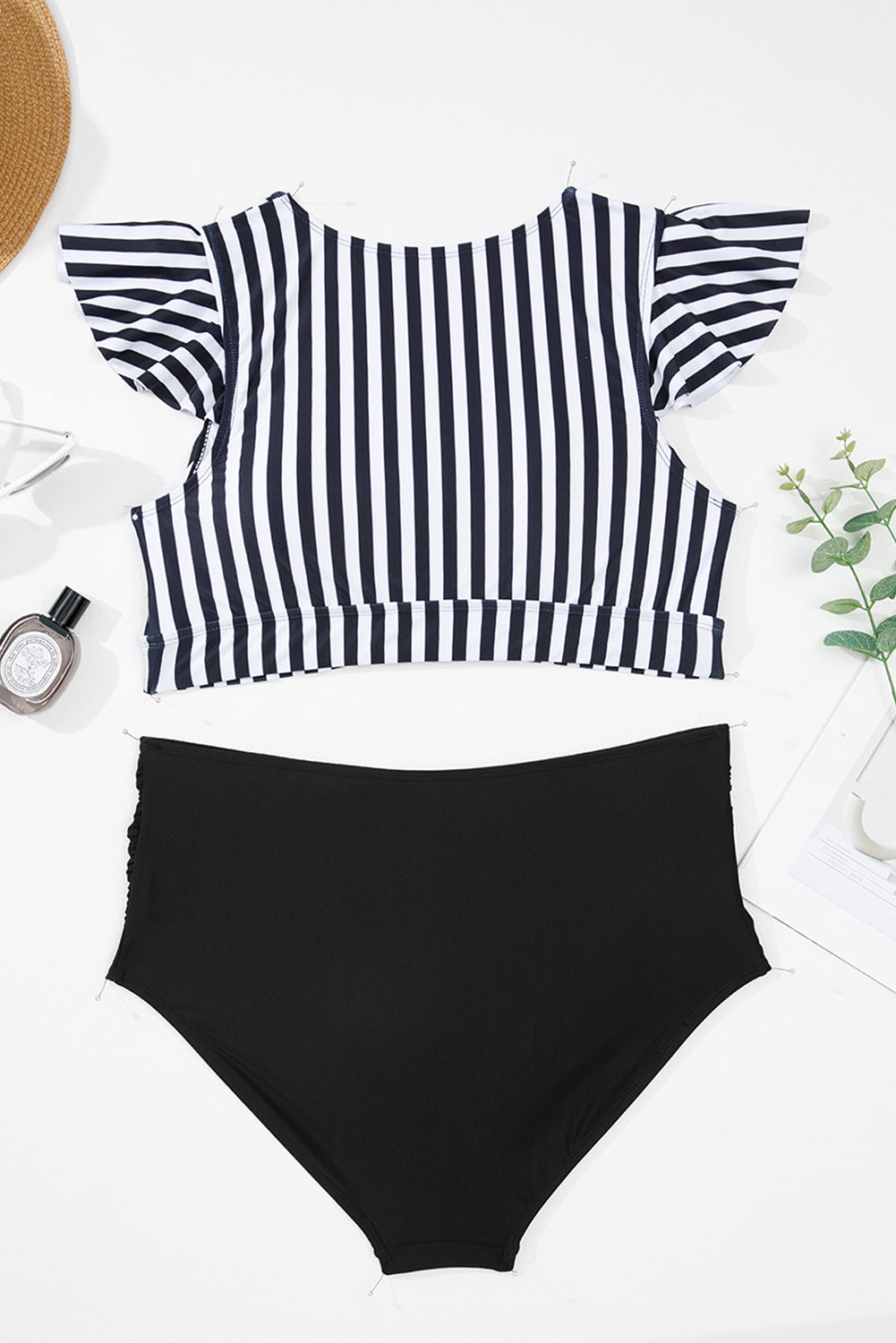 Cali Chic Women Swimsuit Black Stripe Plus Size Knot Cutout Ruffle Sleeve and High Waisted 2pcs Swimsuit
