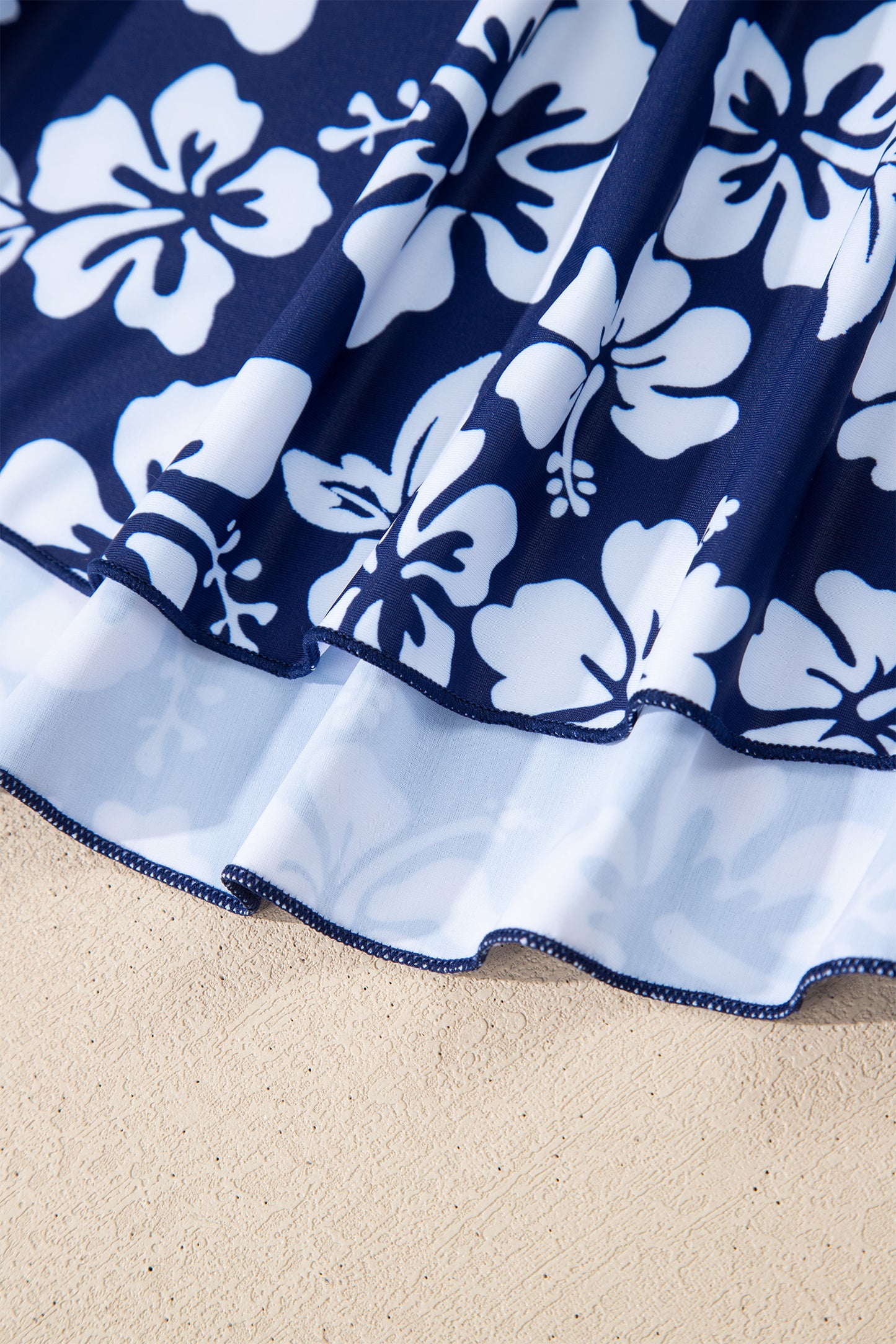 Cali Chic Women Swimsuit Blue Floral Print Patchwork Bow Knot Detail Sleeveless Swim Dress - Cali Chic