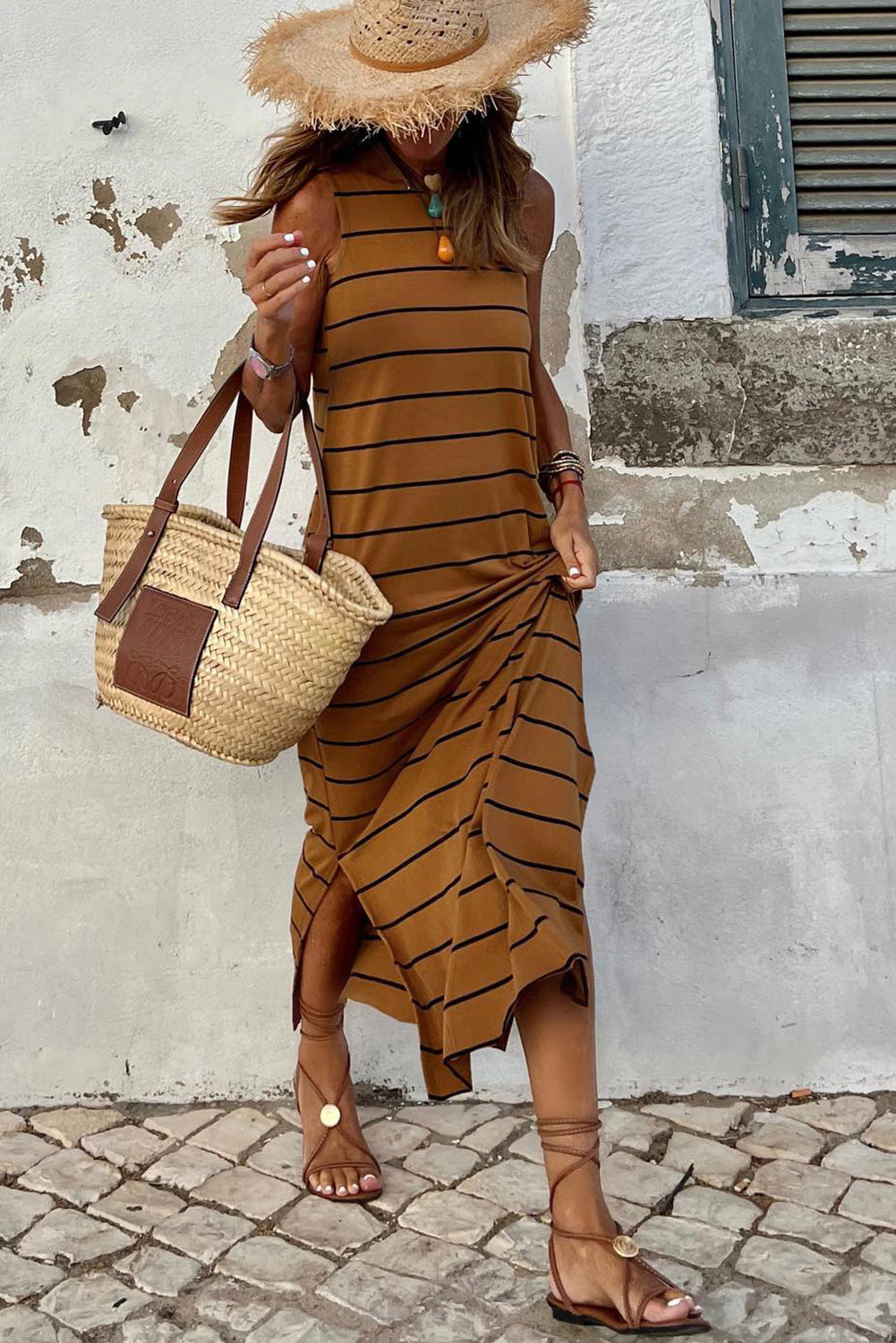 Cali Chic Brown Stripe Print Open Back Sleeveless Maxi Dress with Slits