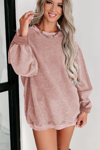 Cali Chic Women Sweatshirt Pink Solid Ribbed Knit Round Neck Pullover