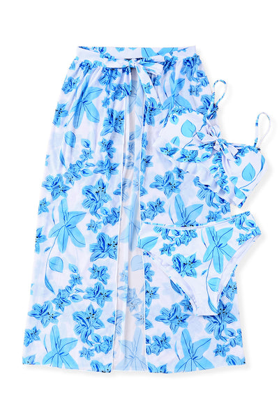 Sky Blue Tropical Ruffle Bikini High Waisted Swimsuit with Sarong