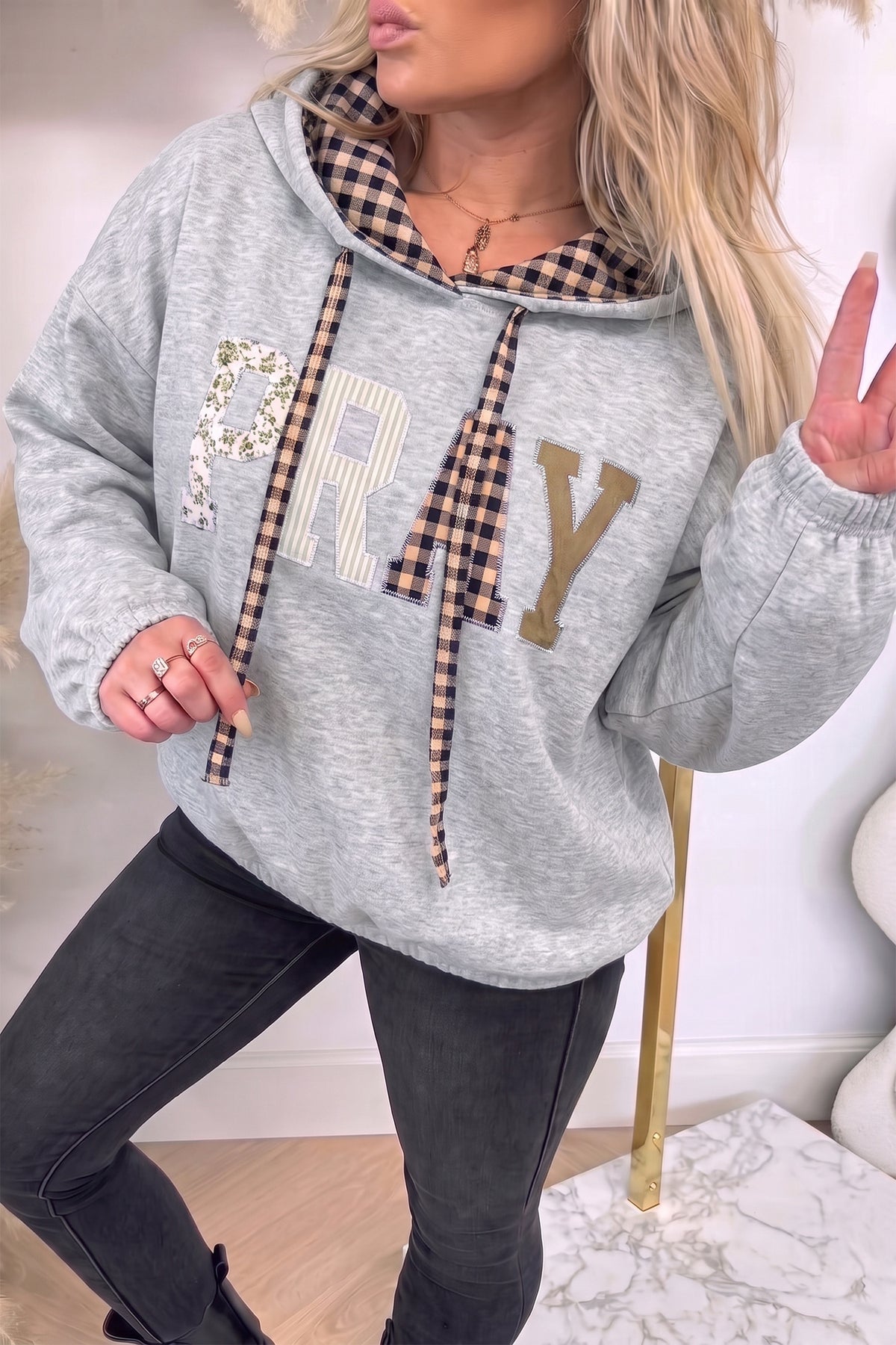 Cali Chic Women's Sweatshirt PRAY Mix Pattern Letter Graphic Plaid Contrast Drawstring Hoodie