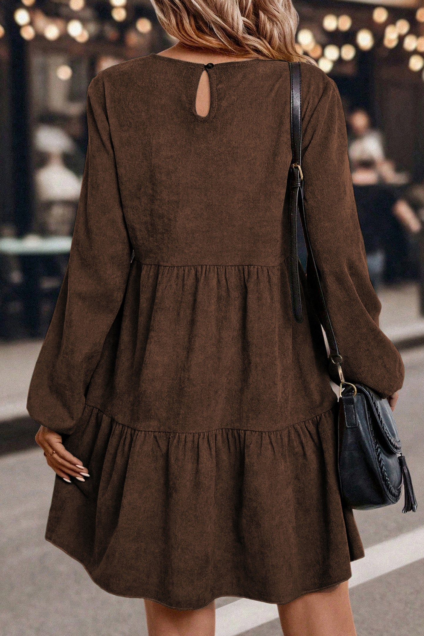 Cali Chic Women Dress Dark Brown Lantern Sleeve Tiered Mini Dress - Cali Chic