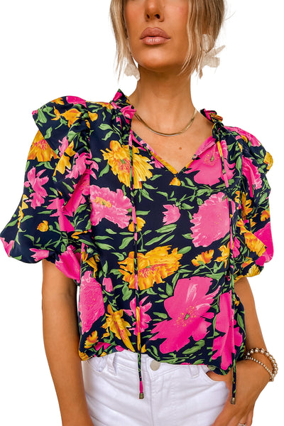 Rose Red Floral Bubble Sleeve Notch V Neck Ruffled Blouse