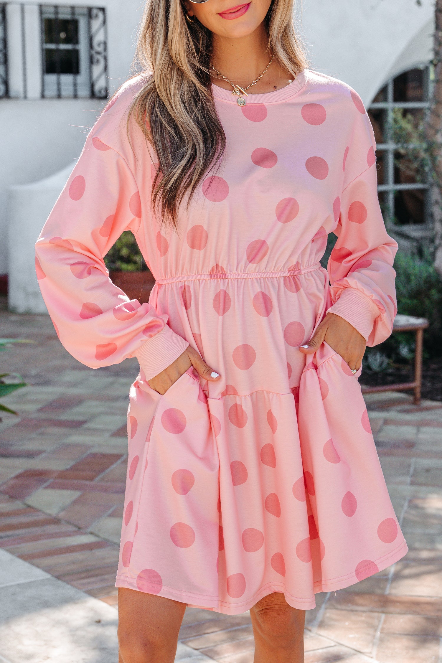 Pink polka dot mini dress for women by Dear-Lover with long sleeves and flared design, perfect for casual or stylish occasions.