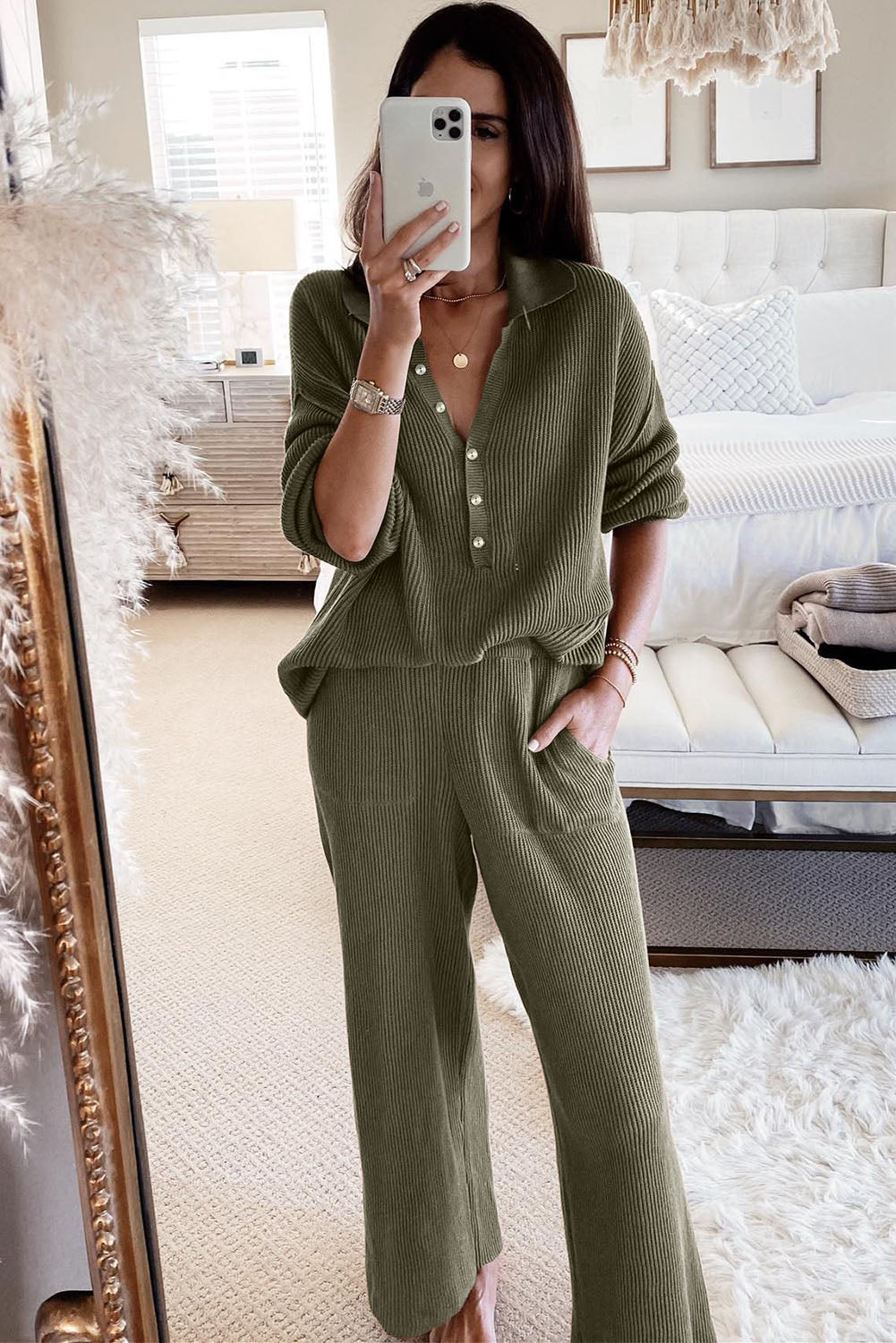 Green Ribbed Knit Collared Henley Top and Pants Lounge Outfit