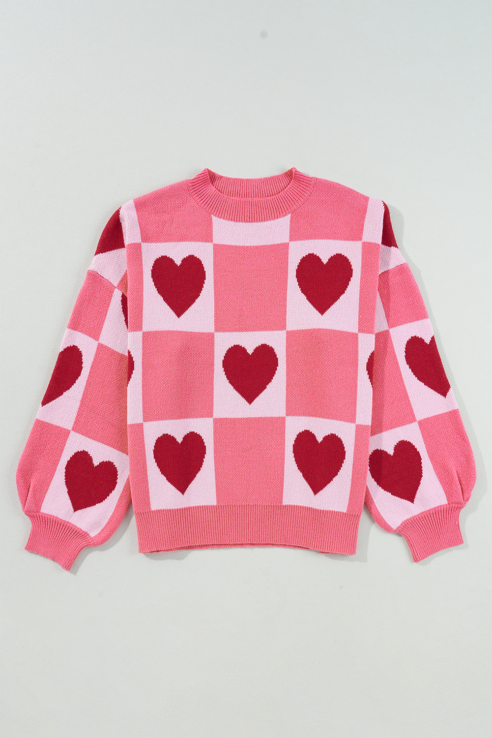 Pink Plus Size Love Heart Block Mock Neck Lantern Sleeve Valentine Sweater - Cali Chic