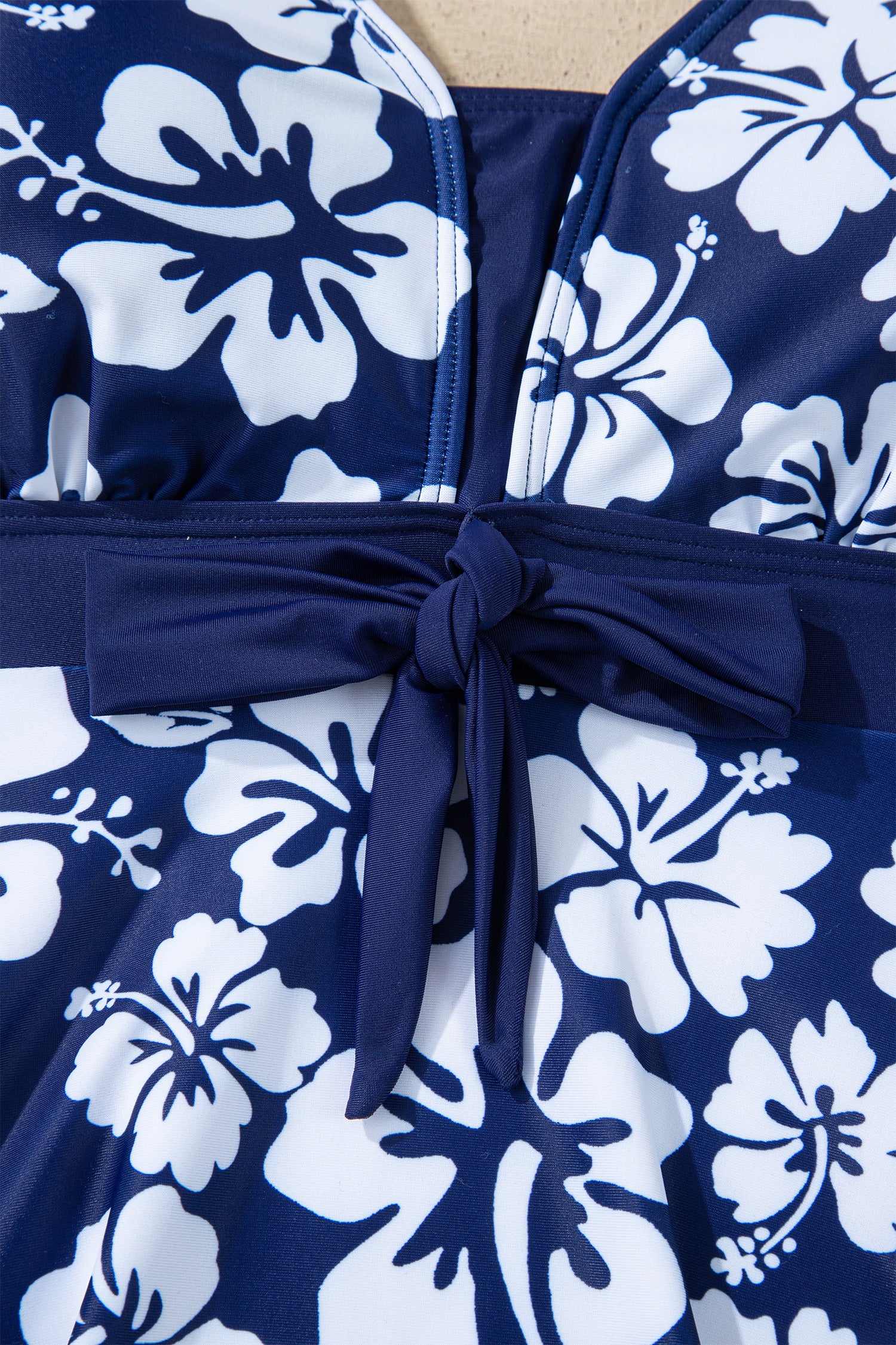 Cali Chic Women Swimsuit Blue Floral Print Patchwork Bow Knot Detail Sleeveless Swim Dress - Cali Chic