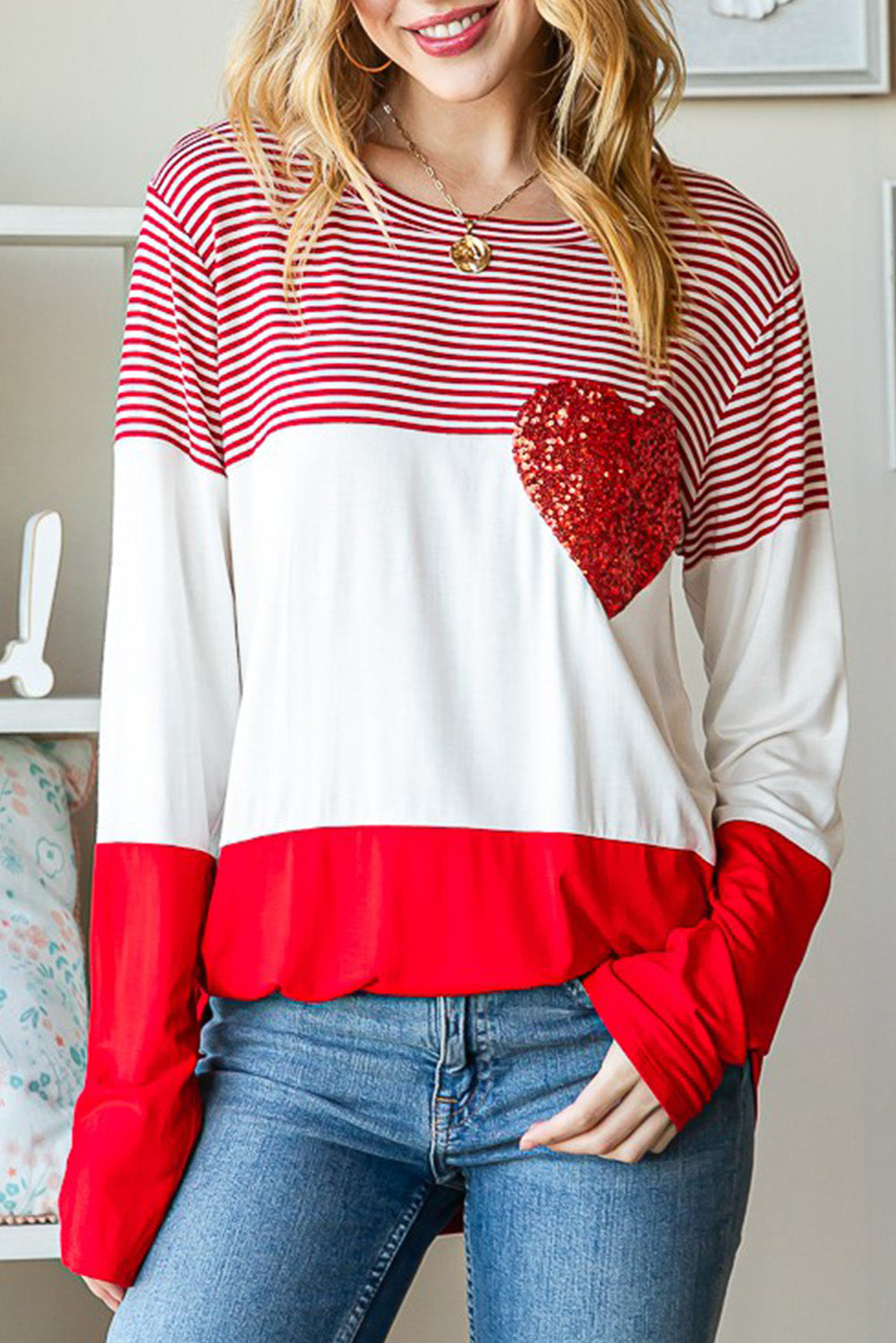 Fiery Red Valentine\'s Day Sequin Heart Striped Colorblock Top