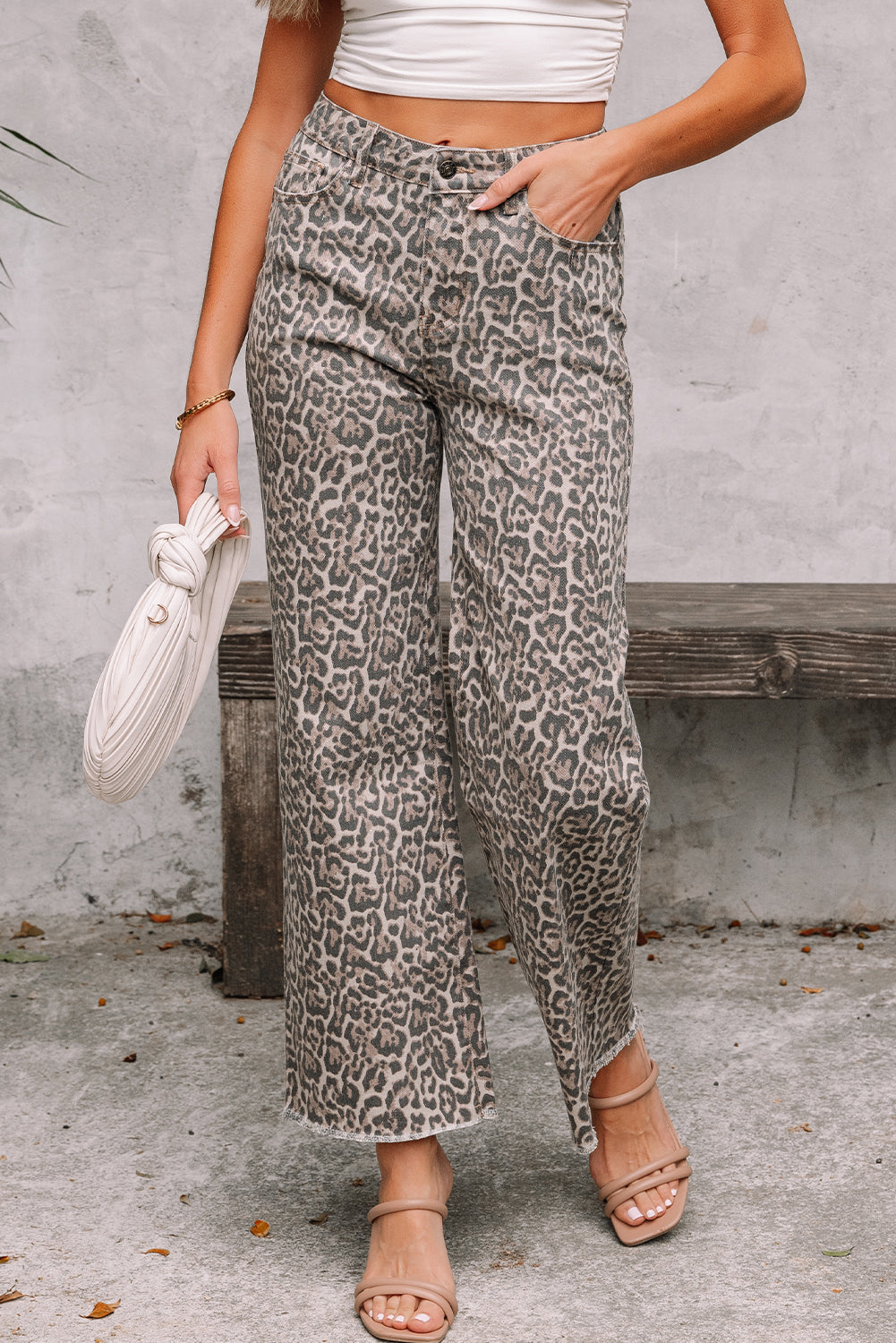 Cali Chic Women Pants Brown Leopard Frayed Edge Wide Leg High Waist Jeans - Cali Chic