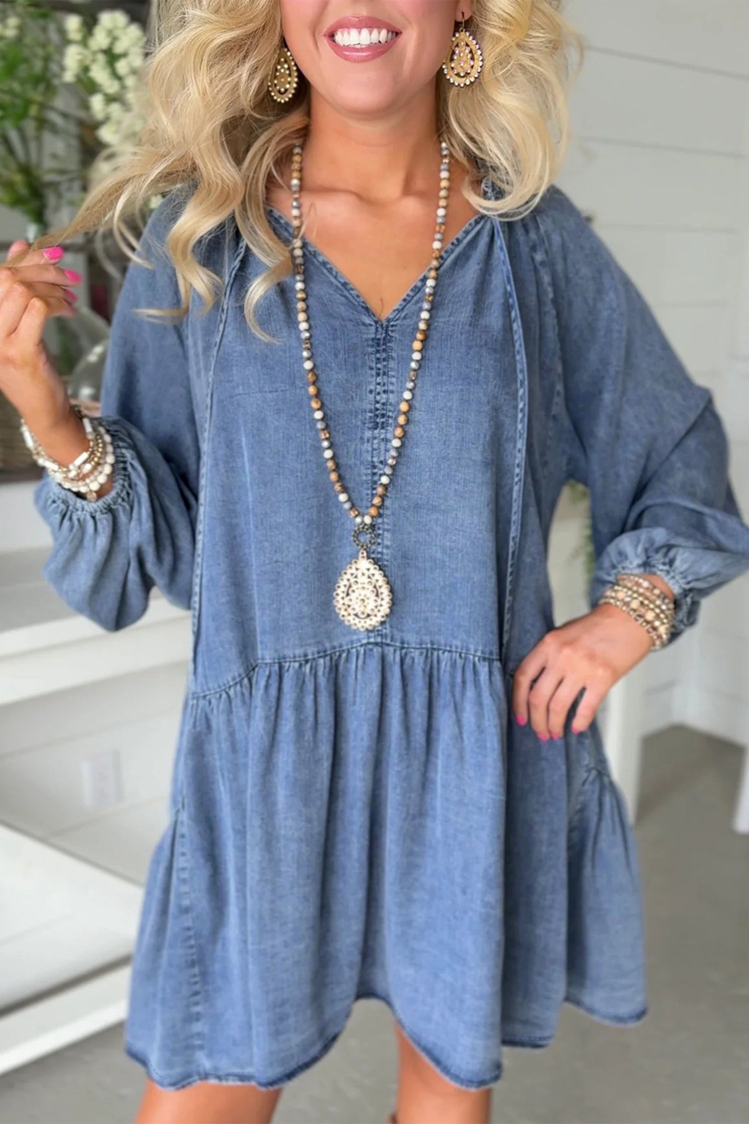 Cali Chic Women Dress Myosotis Puff Sleeve V Neck Ruffled Loose Denim Mini Dress - Cali Chic