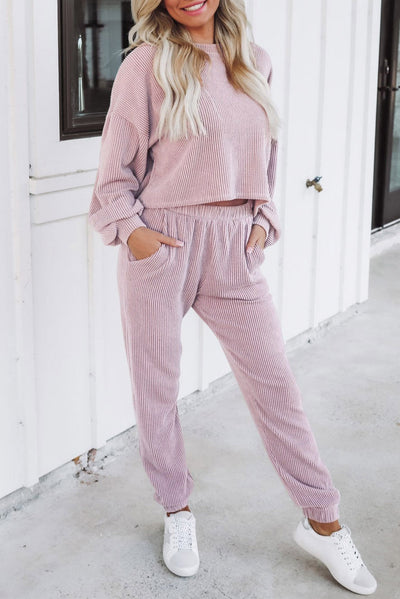 Cali Chic Apricot Powder Ribbed Two Piece Pullover and Joggers Lounge Set