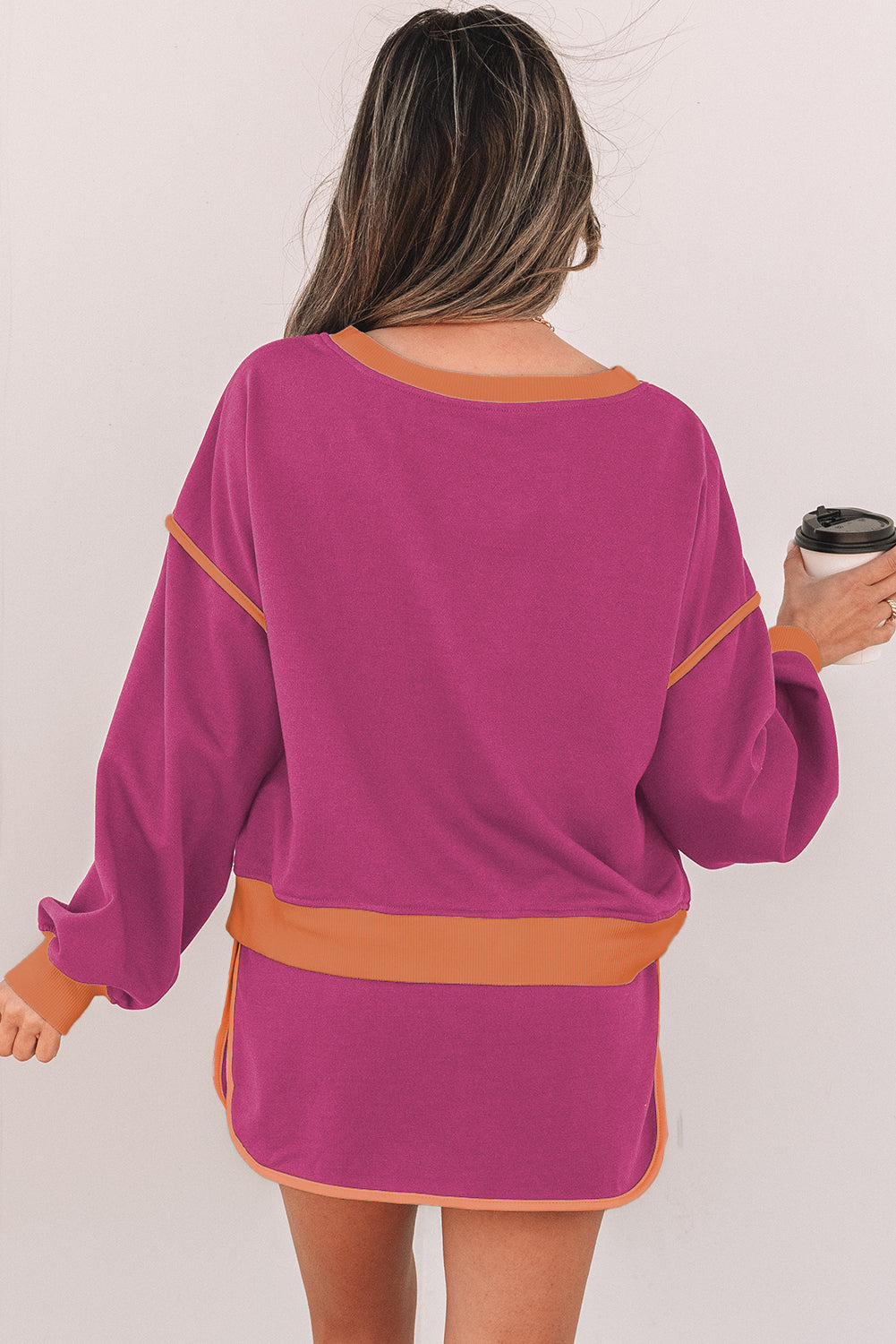 Cali Chic Rose Red Color Contrast Loose Pullover and Lace-up Waist Skort Set