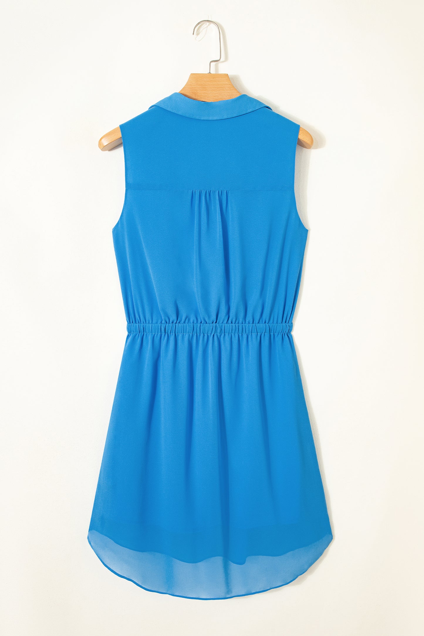 Cali Chic Women Dress Blue Half Buttons Collared Elastic Waist Sleeveless Shirt Dress - Cali Chic