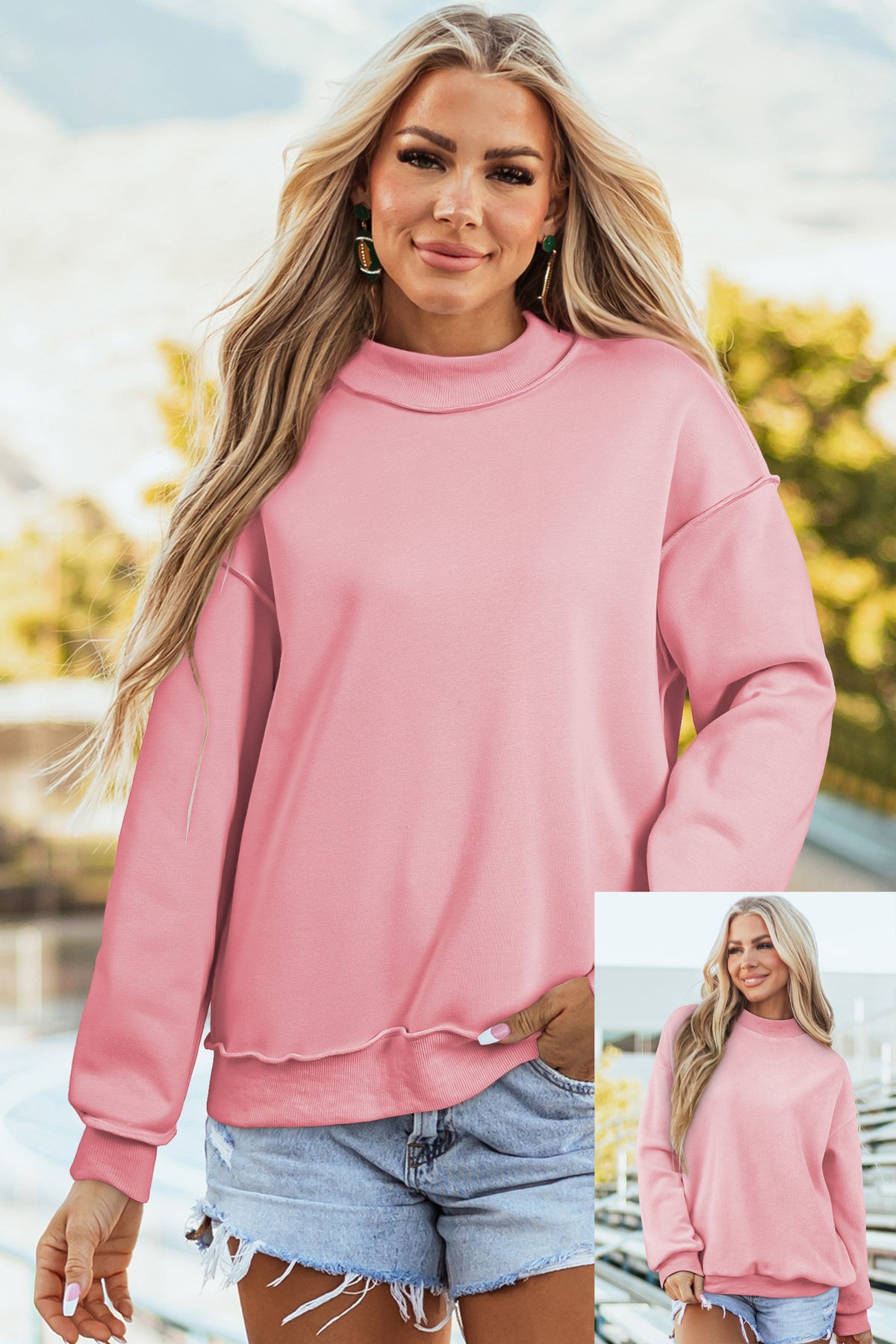 Cali Chic Women's Sweatshirt Oversized Drop Shoulder Reversible Mock Neck Sweatshirt