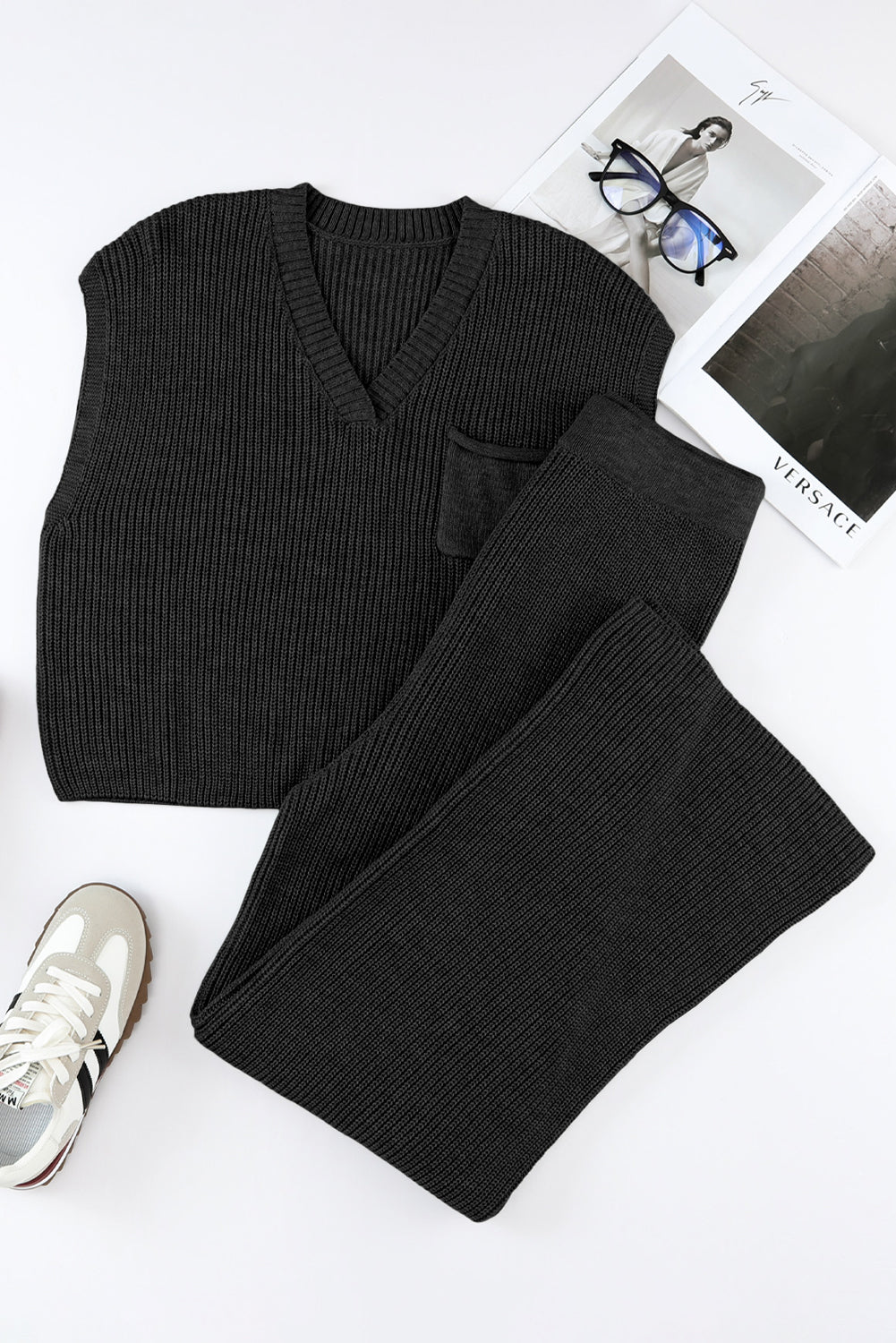 Black Knitted V Neck Sweater and Casual Pants Set