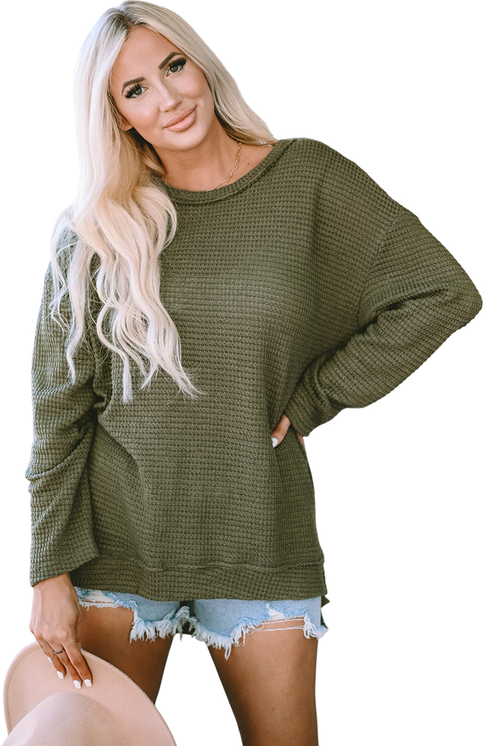 Green Waffle Knit High Slits Oversized Top