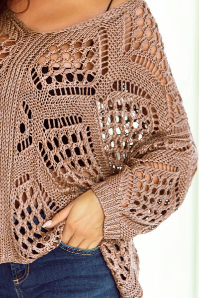 Cali Chic Women Khaki Hollowed Knit V Neck Dolman Sweater