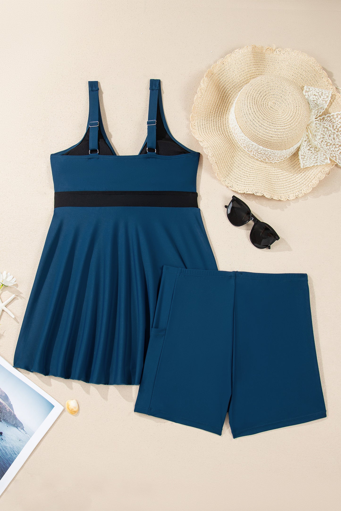 Cali Chic Women Swimsuit Sail Blue Color Block Patchwork Bow Knot Detail Sleeveless Swim Dress - Cali Chic