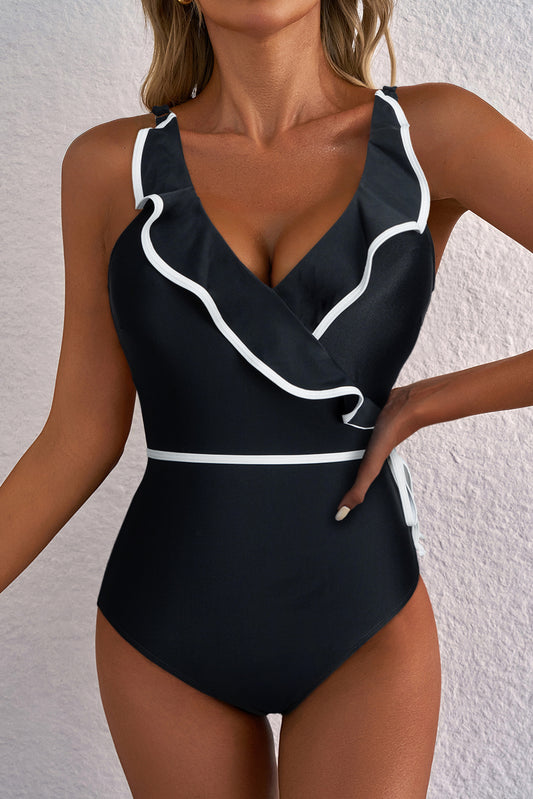 Cali Chic Women Swimsuit Black Color Contrast Ruffled Wrap V Neck Swimsuit - Cali Chic