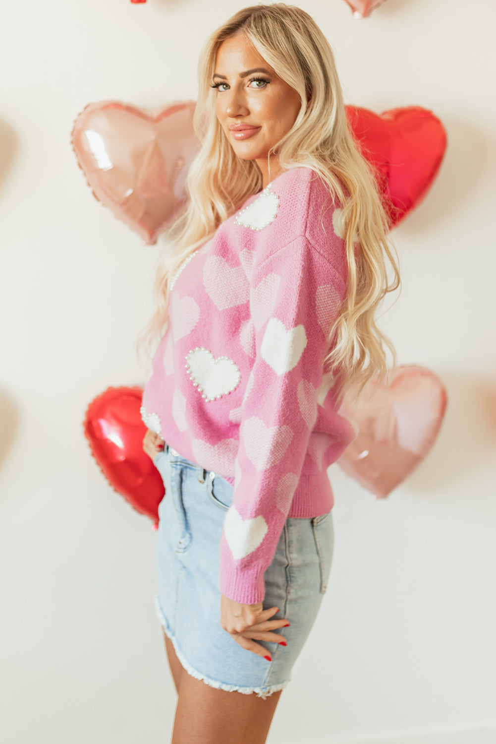 Pink Pearled Heart Print Valentines Crew Neck Sweater - Cali Chic