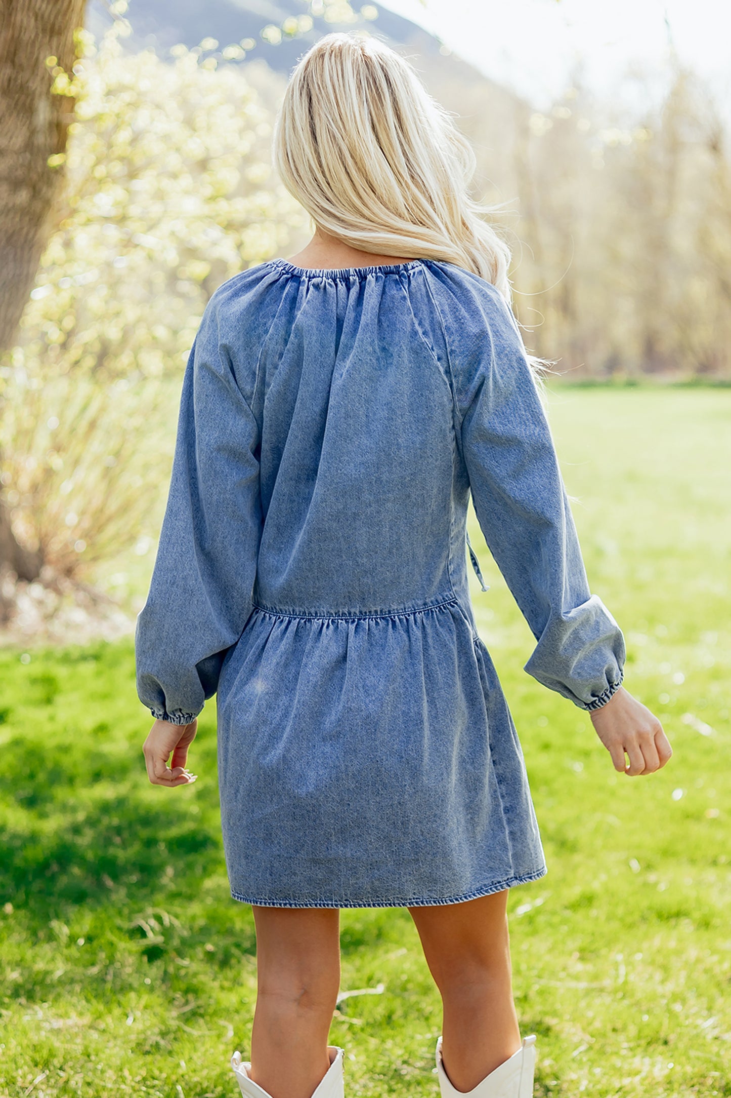 Dear-Lover Puff Sleeve V Neck Denim Mini Dress with ruffles and loose fit, featuring a stylish Myosotis floral pattern.