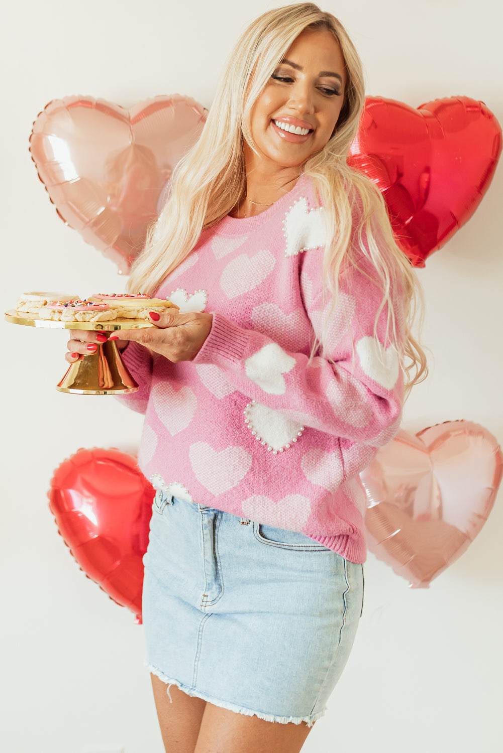 Pink Pearled Heart Print Valentines Crew Neck Sweater - Cali Chic
