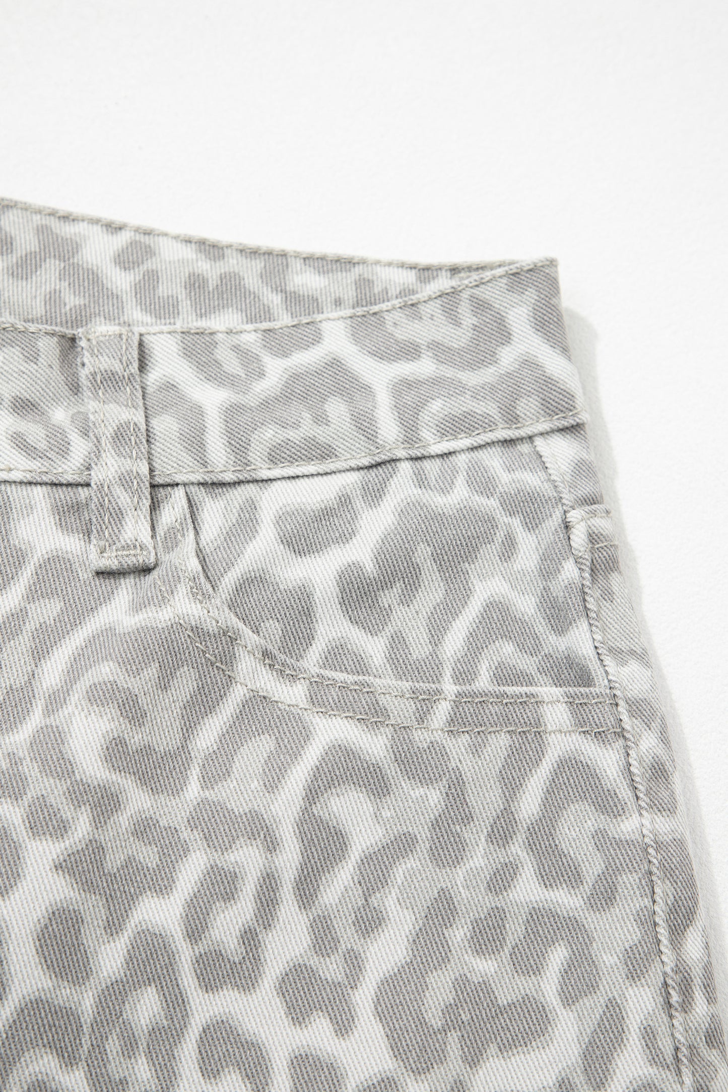 Cali Chic Women Pant Gray Leopard Frayed Edge Wide Leg High Waist Jeans - Cali Chic