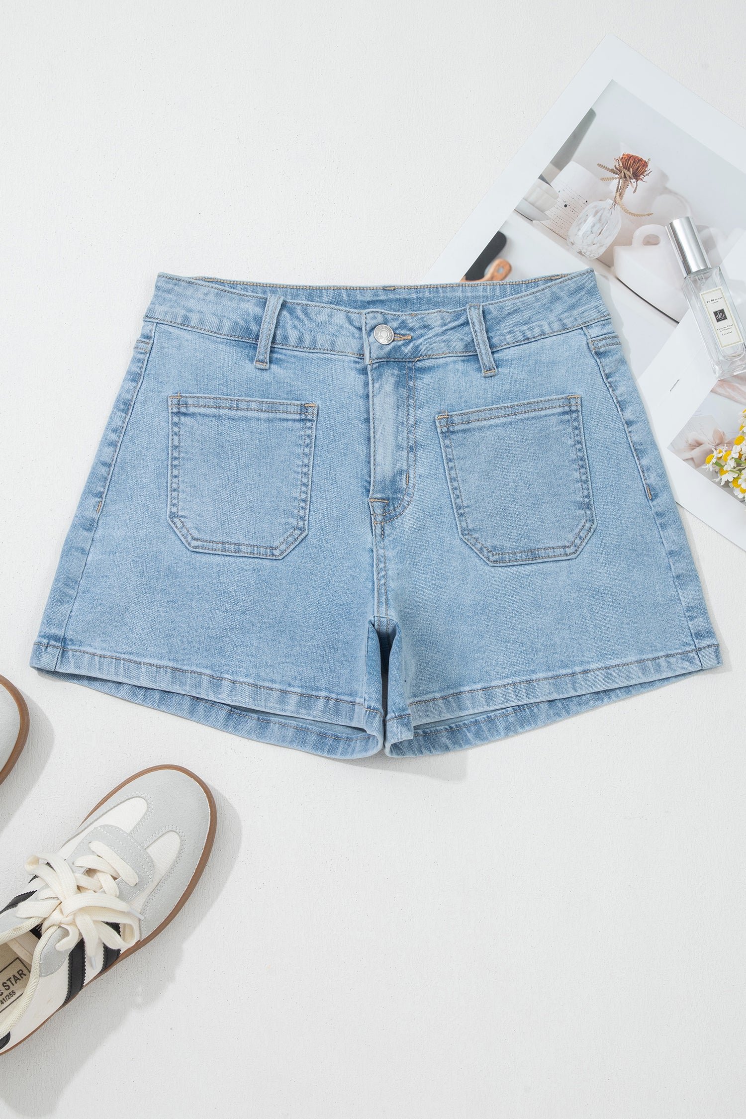 Cali Chic Women Shorts Myosotis High Rise Patch Pocket Denim Shorts - Cali Chic