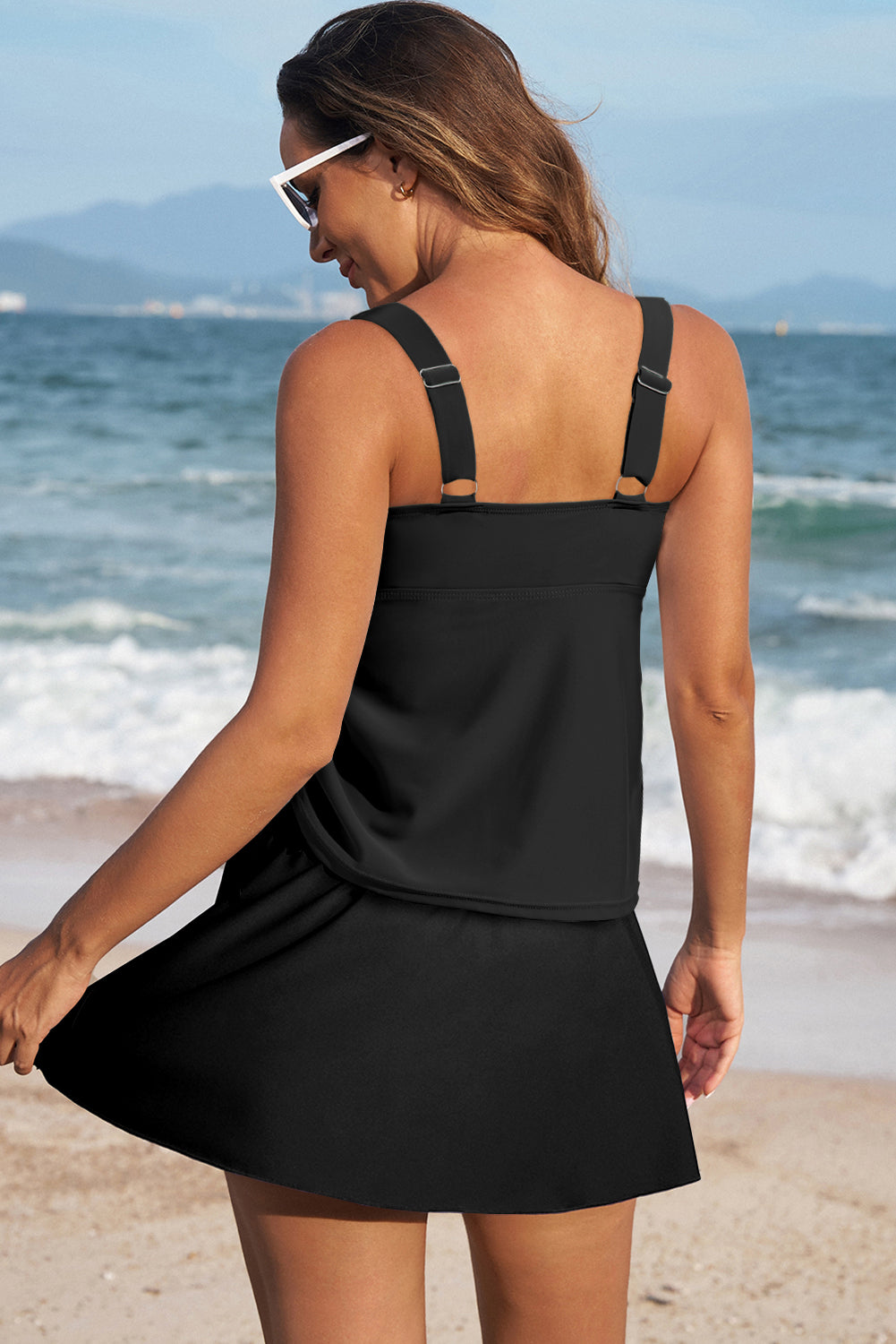 Cali Chic Women Swimsuit Black Scoop Neck Adjustable Tankini and Matching Skort Bathing Suit