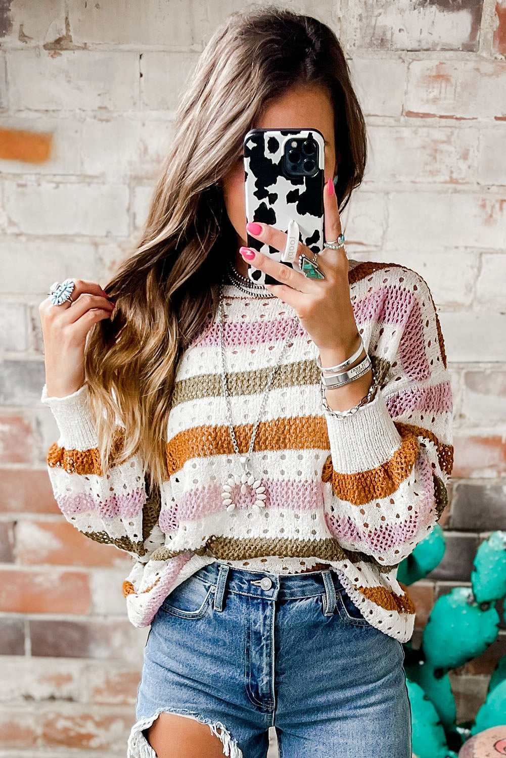 Cali Chic Multicolor Striped Hollowed Knitted Loose Sweater