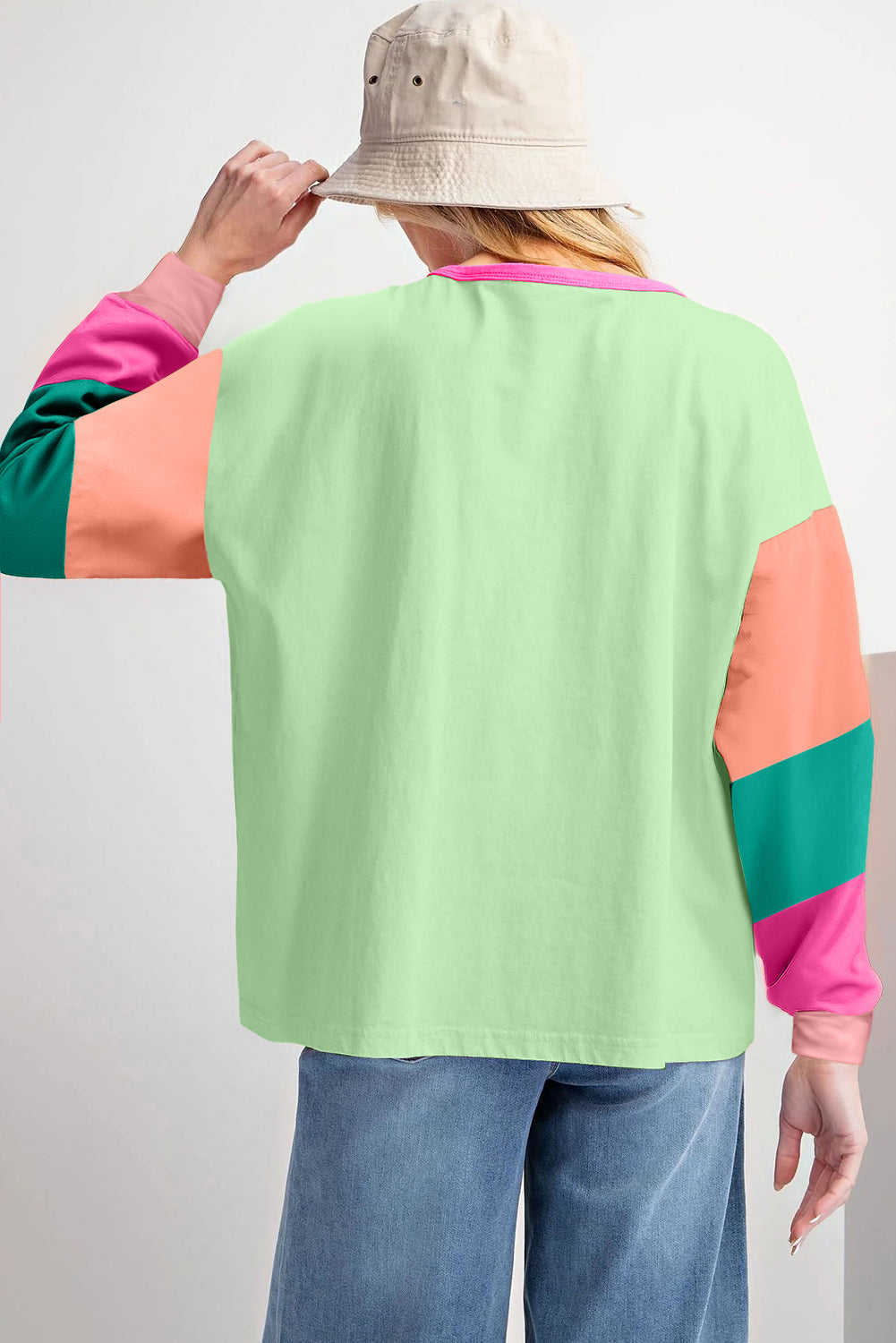 Cali Chic Women Sweatshirt Green Color block Patchwork Long Sleeve Loose Top