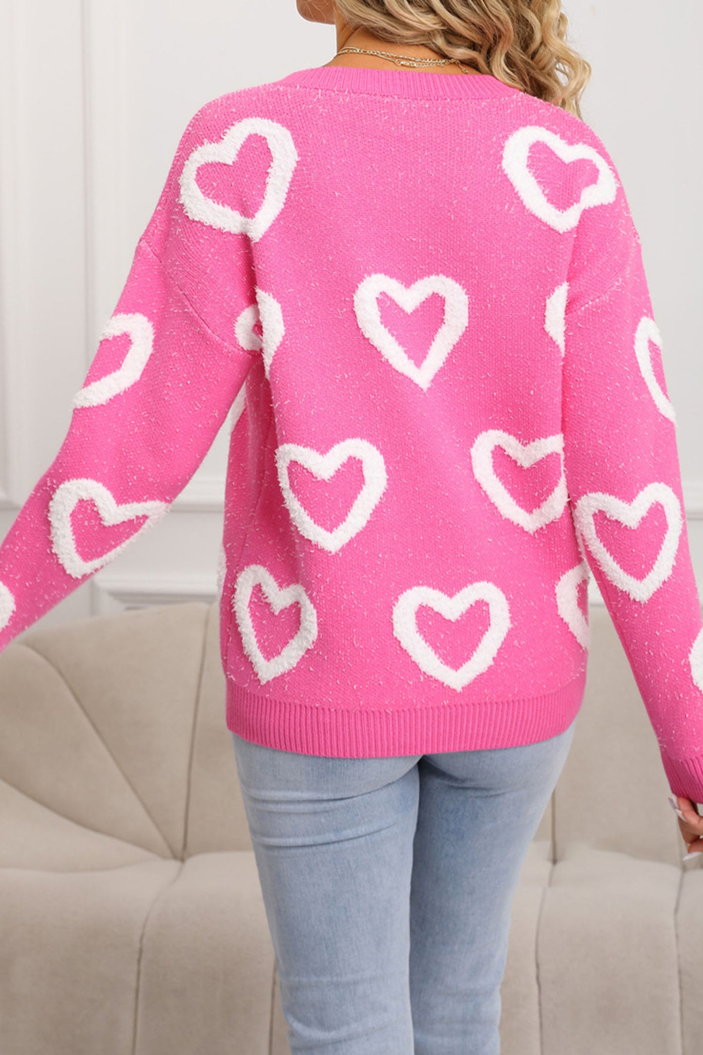 Rose Red Chenille Heart Print Valentines Day Sweater - Cali Chic