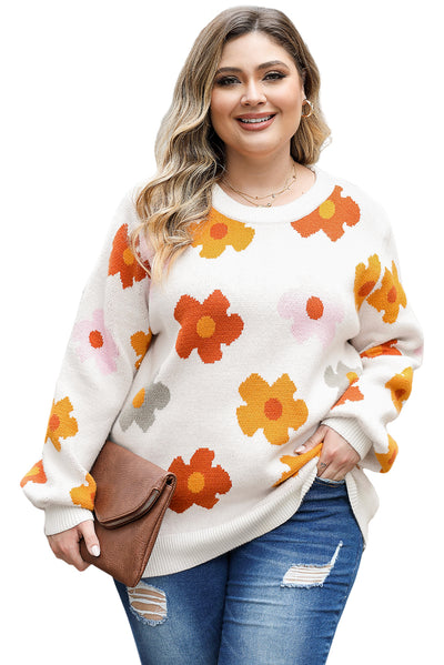 Cali Chic Bright White Plus Size Flower Pattern Ribbed Trim Casual Sweater