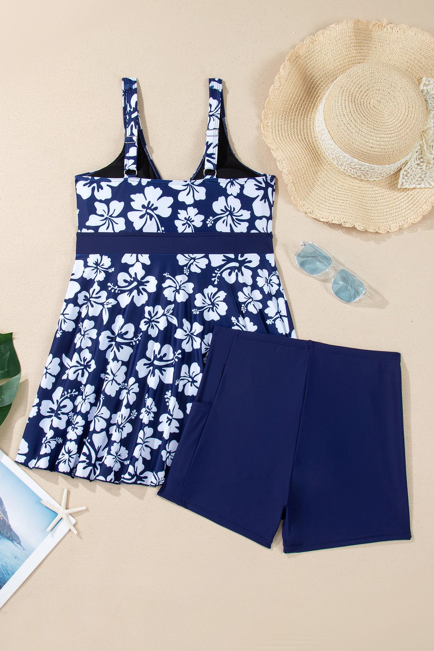 Cali Chic Women Swimsuit Blue Floral Print Patchwork Bow Knot Detail Sleeveless Swim Dress - Cali Chic