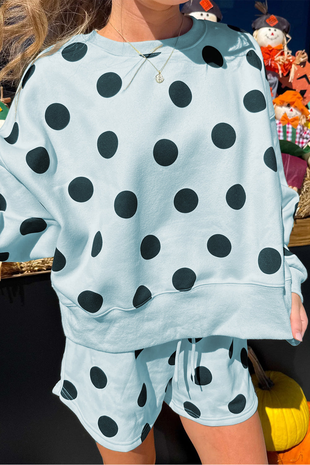 Cali Chic Women Sky Blue Polka Dot Print Drop Shoulder Pullover Drawstring Shorts Set - Cali Chic