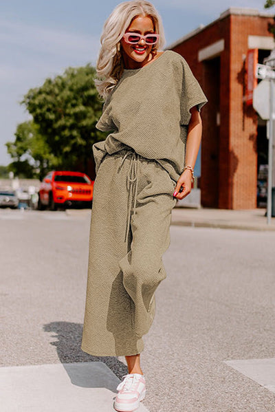 Cali Chic Apricot khaki Textured Loose Fit T Shirt and Drawstring Pants Set