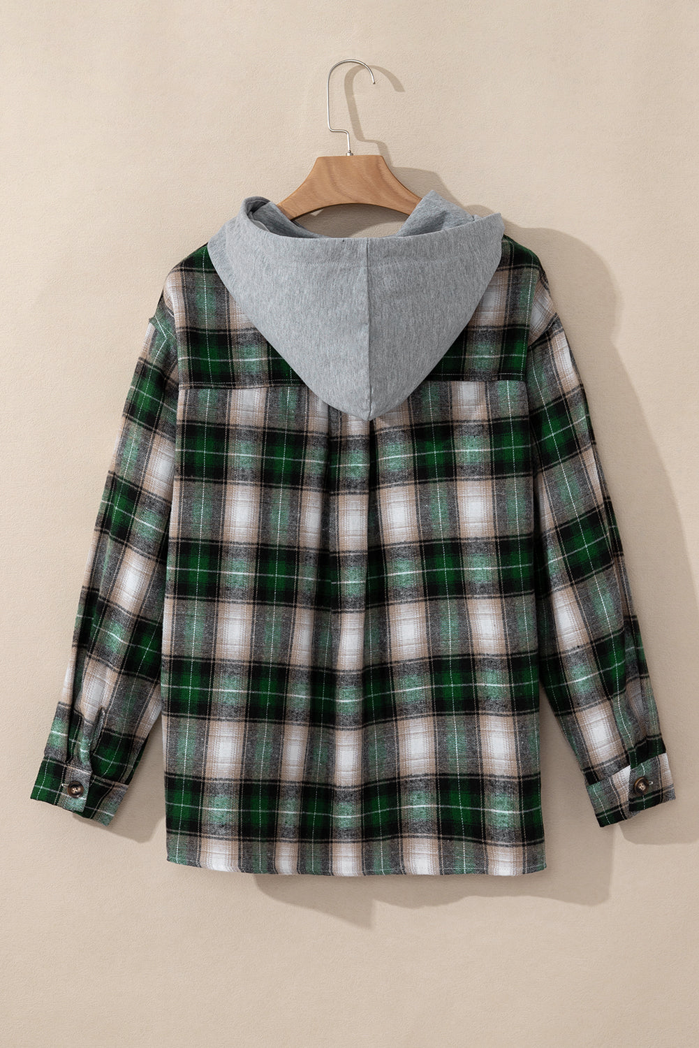 Green Plaid Print Chest Pocket Buttoned Hooded Shacket - Cali Chic